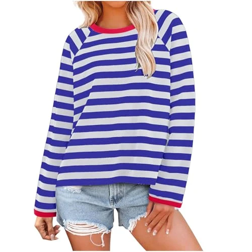 Women Pullover Oversized Striped Color Block Long Sleeve Crew Neck Sweatshirt Casual Loose Hoodies S