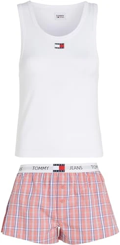 Women Pyjama Set Tank & Short Pj Set, Multicolor (White / Tj Pink Plaid), L