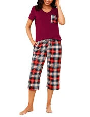 Women Pyjamas Set Cotton Comfy Pajamas Short Sleeve Loungewear Top and Checked Capri Pants Pjs Set Soft Sleepwear Light Red Women Pyjamas Set Cotton Comfy Pajamas Short Sleeve Loungewear Top and Checked Capri Pants Pjs Set Soft Sleepwear Light Red