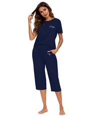 Women Pyjamas Set Cropped Sleepwear Short Sleeves Loungewear Sets Pjs Set Ladies Pajamas Nightwear with Pockets Women Pyjamas Set Cropped Sleepwear Short Sleeves Loungewear Sets Pjs Set Ladies Pajamas Nightwear with Pockets