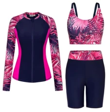 Women Rashguard Swimsuits Built-in Bra Swim Tops Sun Protective Bathing Suits with High Rise Pants Rose Red Black XL