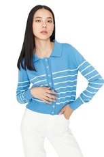 Women Regular Basic Polo Neck Knitwear Cardigan Blue Women Regular Basic Polo Neck Knitwear Cardigan Blue