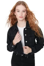 Women Regular fit Basic Shirt Collar Denim Jacket Black