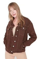 Women Regular fit Basic Shirt Collar Denim Jacket Brown