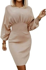 Women Ribbed Batwing Sleeve Sweater Dress Bodycon Smocked Wrap Dress Pullover Jumper Sweaters Khaki