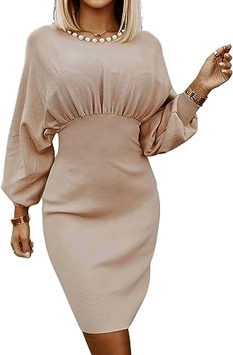 Women Ribbed Batwing Sleeve Sweater Dress Bodycon Smocked Wrap Dress Pullover Jumper Sweaters Khaki