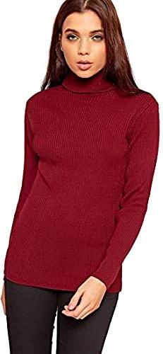 Women Ribbed Polo High Roll Neck Loose Ladies Long Sleeve Stretch Top Shirt 8-22, 12-14, Wine - Womens Ladies Polo Neck Top Jumper Cardi
