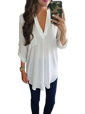 Women Rolled Up Sleeve V Neck Loose Shirts Plaid Casual Tops Classical Long Blouses Irregular Polo Jumper T-Shirt Plus Size Tunic White 20 Women Rolled Up Sleeve V Neck Loose Shirts Plaid Casual Tops Classical Long Blouses Irregular Polo Jumper T-Shirt Plus Size Tunic White 20