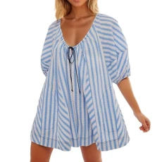 Women Romper Dress Casual Striped Summer Dressy Short Jumpsuits Babydoll Dress Romper Shorts Puff Sl