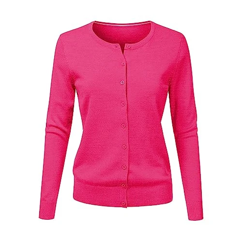 Women Round Neck Cardigan Long Sleeve Knit Big Yards Loose Solid Color Sweater Short Cardigan Big Decorative, hot pink, M