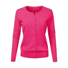 Women Round Neck Cardigan Long Sleeve Knit Big Yards Loose Solid Color Sweater Short Cardigan Big Decorative, hot pink, M