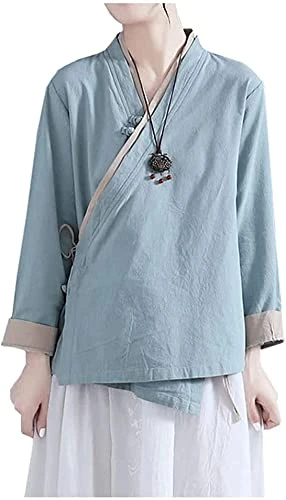 Women' s Vintage Chinese Style Cottton Linen Blouse Shirt Chinese Frog Button Long Sleeve Top (6, Gr