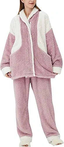 Women' s Winter Warm Fluffy Pajamas Set Color Block Sherpa Fleece Pullover Pants Loose Plush Sleepwear Pjs Loungewear Pink