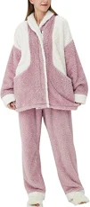 Women' s Winter Warm Fluffy Pajamas Set Color Block Sherpa Fleece Pullover Pants Loose Plush Sleepwear Pjs Loungewear Pink