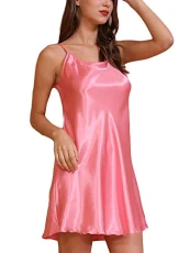 Women Satin Chemise Sexy Negligee Nightdress Strap Lingerie Soft Silky Nightgown Sleepwear Nighties L Pink Breathable 2