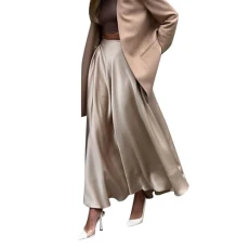 Women Satin Midi Skirt High Waist Hidden Elastic Waist Flared Casual A-Line Midi Skirt Tennis Skirts, khaki, XL