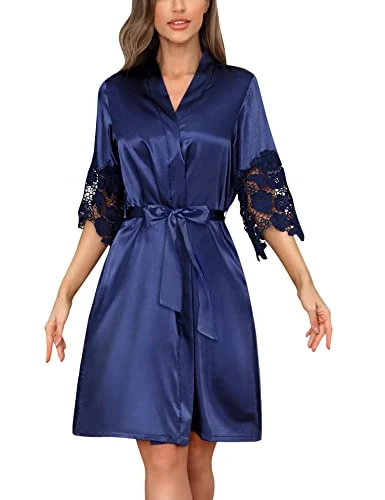 Women Satin Robe Lace Trim Kimono Bridesmaid Dressing Gown Long Bride Robes for Wedding Blue Small