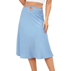 Women Satin Solid Color Zipper Skirt Fashion Simple Sexy Dress Waist Denim Skirt Red Women, blue, S