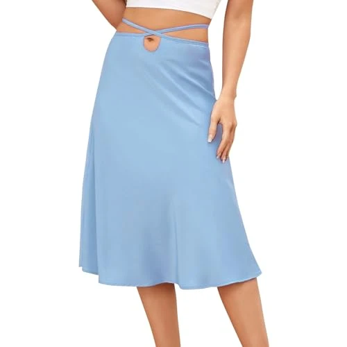 Women Satin Solid Color Zipper Skirt Fashion Simple Sexy Dress Waist Denim Skirt Red Women, blue, S