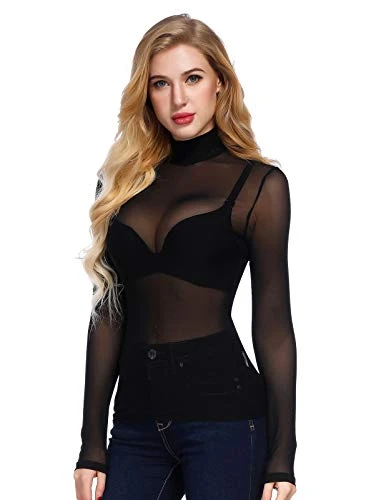 Women See-Through Seamless Arm Shaper Long Sleeve Party Blouses Tops Black#1151 X-Large