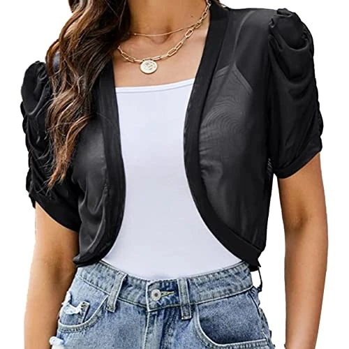 Women Semi See Through Tulle Bolero Shrug Sweater Open Front Cardigan Elegant Cape Cover Up Black S