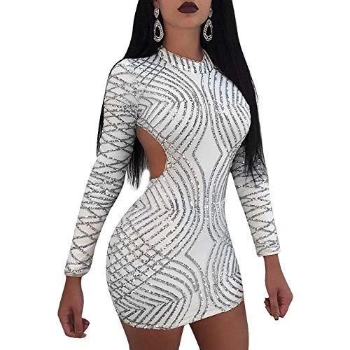 Women Sequin Glitter Long Sleeve Backless Party Wrap Dress M White
