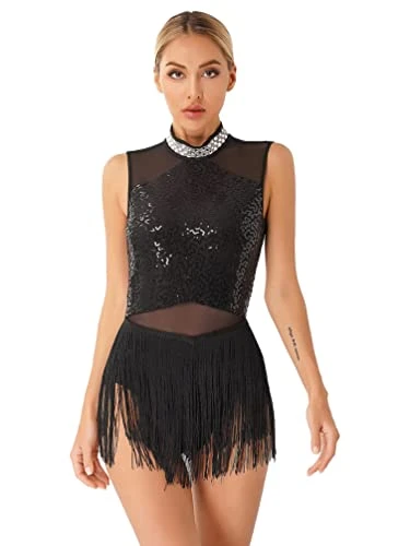 Women Sequins Tassel Latin Dance Dress Mesh Patchwork Leotard Salsa Tango Performance Costume Black B XL