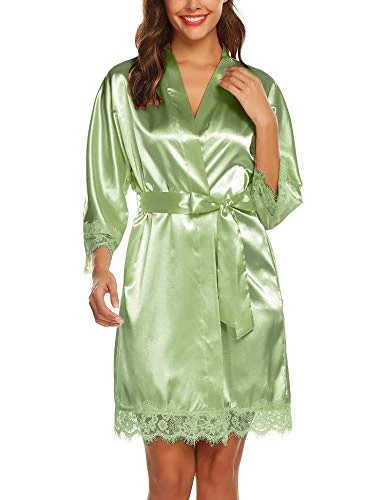 Women Sexy Bath robe Kimono Robes Dressing Gown Satin Bathrobe Nightdress Light Green XS