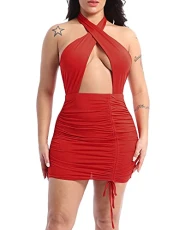 Women Sexy Halter Neck Tied Bodycon Dress Sleeveless Cut Out Ruched Drawstring Club Party Dress Red S Women Sexy Halter Neck Tied Bodycon Dress Sleeveless Cut Out Ruched Drawstring Club Party Dress Red S