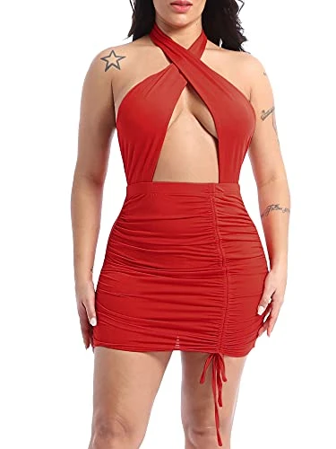 Women Sexy Halter Neck Tied Bodycon Dress Sleeveless Cut Out Ruched Drawstring Club Party Dress Red S