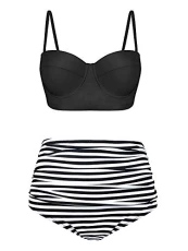 Women Sexy High Waist Swimsuit Bikini Set Two-Piece Summer Holiday Beach Swimwear Tummy Control Printed Tankini Black+Stripe S Beach 7