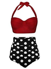 Women Sexy High Waist Swimsuit Bikini Set Two-Piece Summer Holiday Beach Swimwear Tummy Control Printed Tankini Red+Black M Beach 3