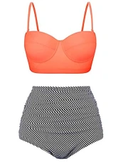 Women Sexy High Waist Swimsuit Bikini Set Two-Piece Summer Holiday Beach Swimwear Tummy Control Printed Tankini Orange S