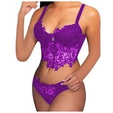 Women Sexy Lace Lingerie Set Embroidery 2-Piece Bra and Panties Set Strappy Babydoll Sleepwear A-purple