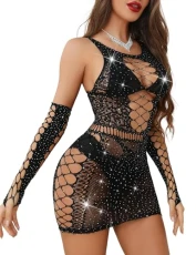 Women Sexy Lingerie Dress Fishnet Babydoll Sexy Bodysuit Lingerie Clubwear with Gloves Sparkling Rhinestones Black