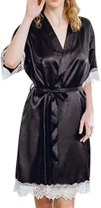 Women Sexy Nightdress Kimono Sleepwear Robes Bridesmaid Wedding Party Dressing Gown (L, Black)