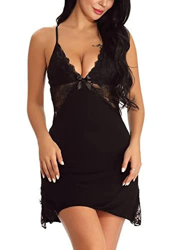 Women Sexy Nightgown Chemise Lace Lingerie Nightwear V-Neck Full Slip Babydoll Nightdress Black S UK 6 8