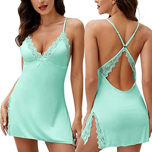 Women Sexy Nightgown Chemise Plus Size Lace Lingerie Nightwear V-Neck Full Slip Babydoll Nightdress Light Green,XL