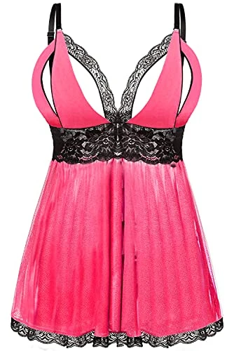 Women Sexy Plus Size Babydoll Dress Lace Babydoll Lingerie Chemise Nightwear Lingerie Set with G-String(Pink, XXX-Large)