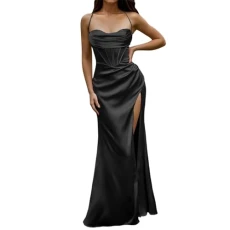 Women Sexy Silky Satin Corset Low Cut Strap Maxi Dress Ruched High Side Slit Split High Waist Fishbone Push up Soft Elegant Evening Cocktail Long Prom Dresses (Black, XL)