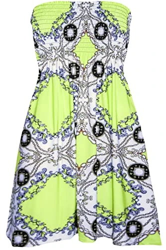 Women Sheering Boobtube Floral Swing Mini Dress Printed Neon Green Plus Size (UK 24/26)
