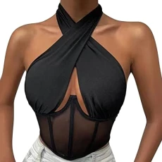 Women Shirts and Blouse Sale Clearance, Women´s Crisscross Halter Tank Tops Ruched Crop Sleeveless Front Wrap Backless Cami Crop Top Y2K Bustier Corset Tshirt Dress Women UK Tee