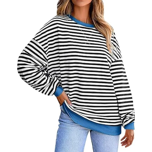 Women Shirts Striped Pullover Long Sleeve Crew Neck Blouse Color Block Workout Shirt Casual Loose To