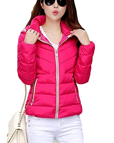 Women Short Down-Jacket Packable Winter Puffer Jacket Lightweight Warm Zipper Quilted Outcoat Rose 2XL
