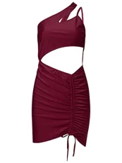 Women Short Pencil Dress Cut Out One Shoulder Ruched Bodycon Mini Dress Crop Tank Club Dress Burgundy S