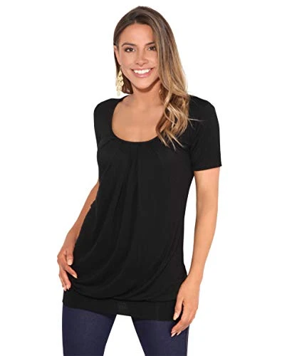 Women Short Sleeve Long Top Ruched Neck T-Shirt (Black, 8), 5079-BLK-08