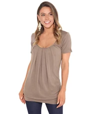 Women Short Sleeve Long Top Ruched Neck T-Shirt (Mocha, 8), 5079-MOC-08 Women Short Sleeve Long Top Ruched Neck T-Shirt (Mocha, 8), 5079-MOC-08