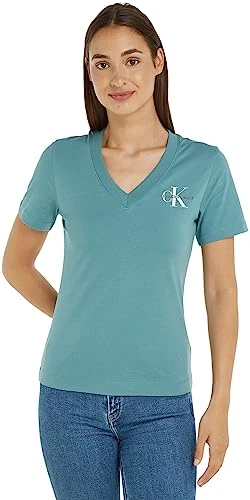 Women Short-Sleeve T-Shirt Monologo Slim V-Neck, Blue (Arctic), XXS