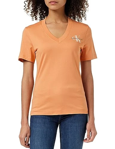 Women Short-Sleeve T-Shirt Monologo Slim V-Neck, Orange (Tropical Orange), XXS