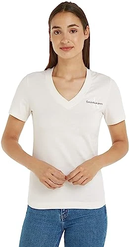 Women Short-Sleeve T-Shirt Monologo Slim V-Neck, White (Ivory), XXS